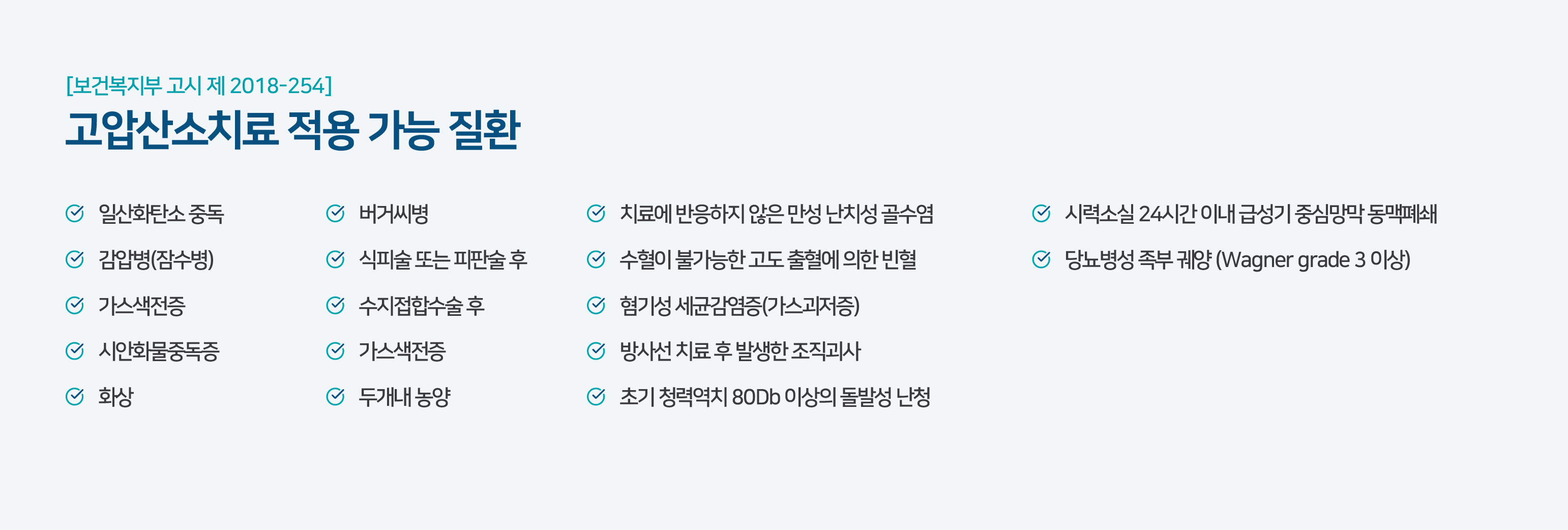 보건복지부 고시 고압산소치료 적용 가능 질환 목록